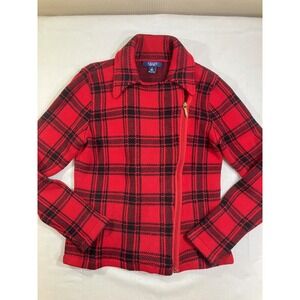 Chaps Womens Red Black Plaid Cotton Moto‎ Full Zip Sweater Jacket Small S